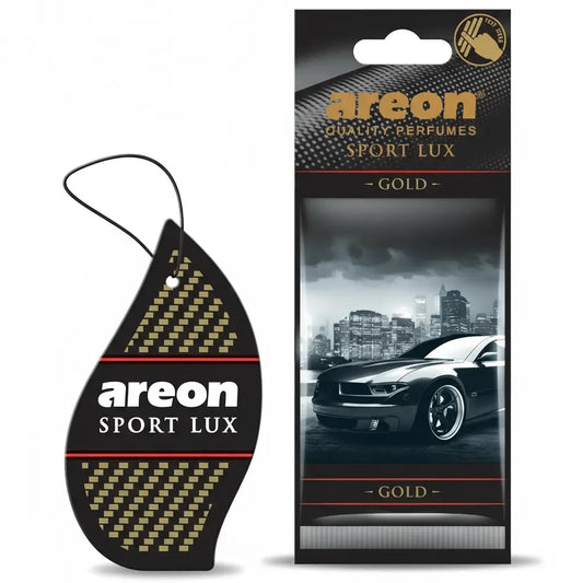 Areon Sport Lux car perfume hanging tag and packaging with a cityscape background.