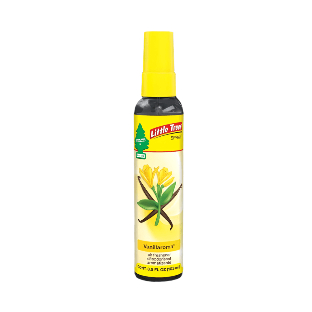 A spray bottle of Little Trees Air Freshener in a yellow and vanilla scent, designed for use in vehicles to neutralize odors.