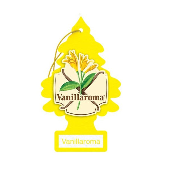 A yellow vanilla scented hanging air freshener card labeled 'New Car Scents' in a shape of a tree.