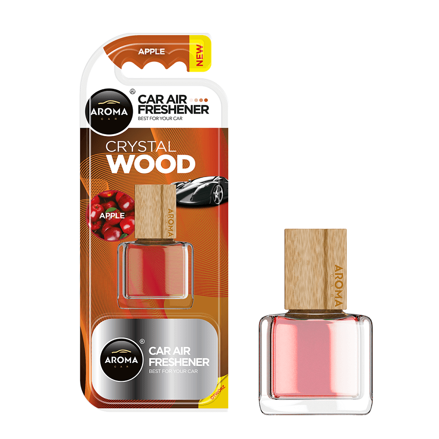 Aroma Crystal Wood car air freshener Apple scent with packaging on a white background