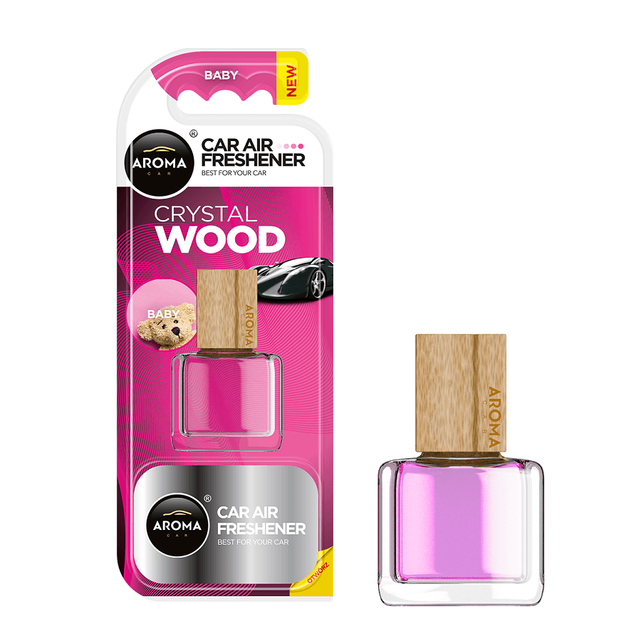 Aroma Crystal Wood car air freshener Baby scent with packaging on a white background