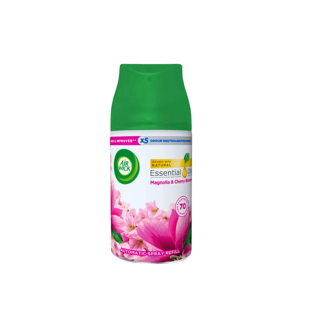 Air Wick Magnolia and Cherry Blossom air freshener spray refill on a white background