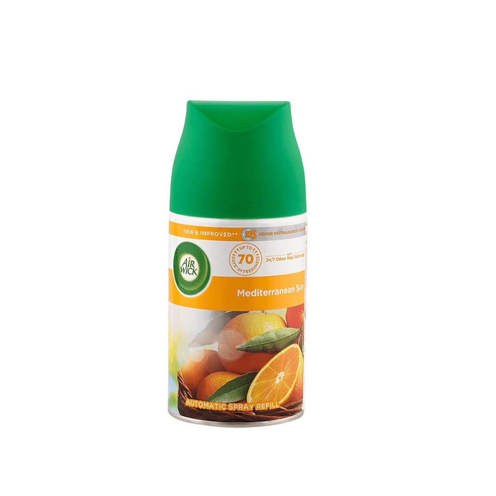 Air Wick mediterranean sun air freshener spray refill on a white background
