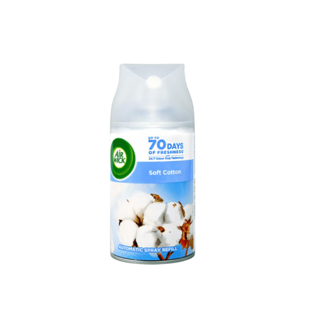 Air Wick soft cotton air freshener spray refill on a white background