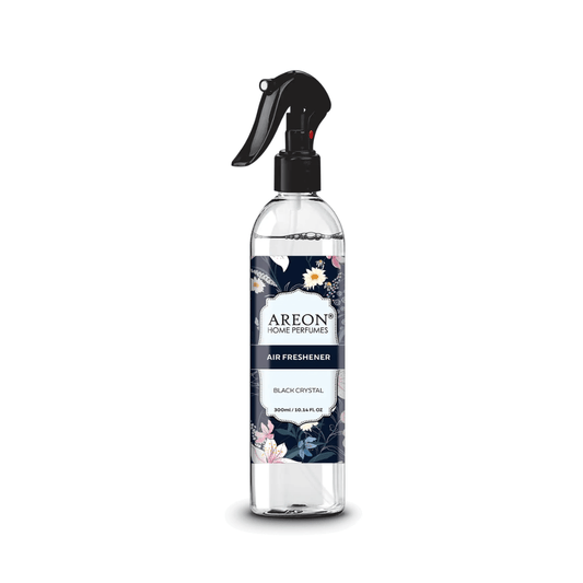 Areon air freshener spray bottle with floral design and black crystal scent on a white background