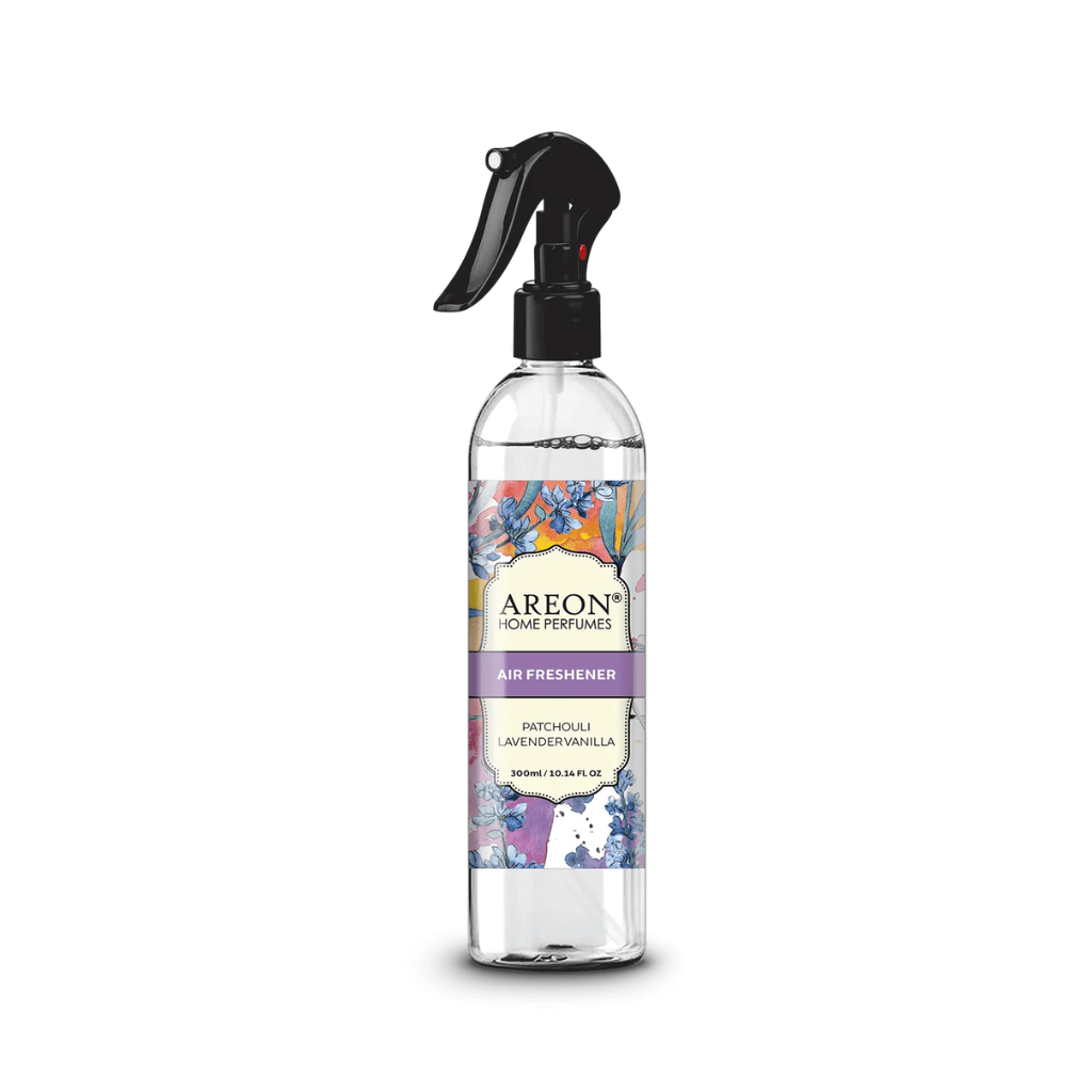 Areon air freshenerspray bottle with Patchouli Lavender Vanilla scent on a white background