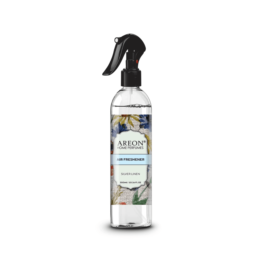 Areon air freshener Silver Linen room spray bottle on a white background