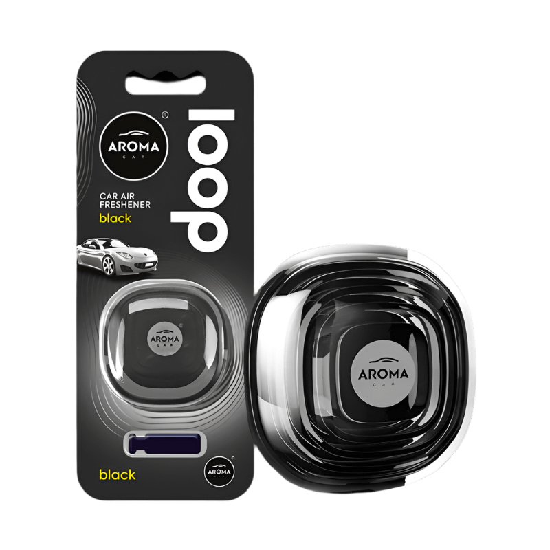 Aroma loop gel car air freshener with vent clip black scent