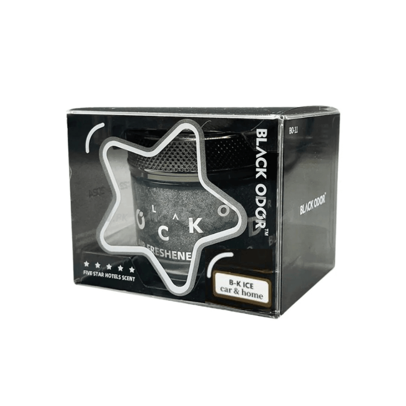 Black Odor B K Ice 5 star hotel scent car air freshener packaging on a white background