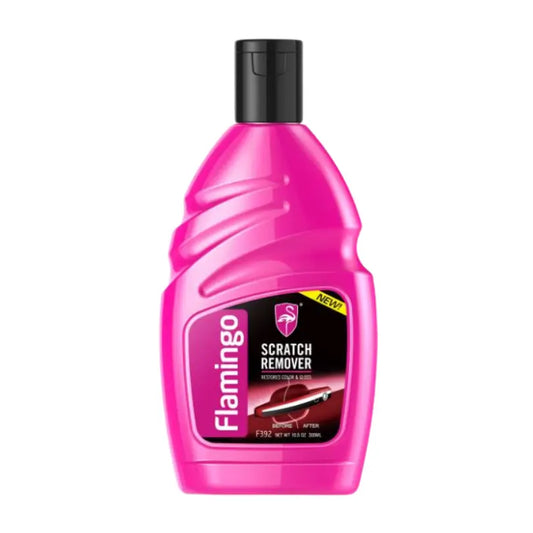 Pink bottle of Flamingo Scratch Remover F392 on a white background