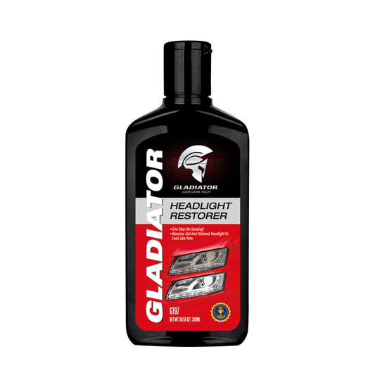 Bottle of Gladiator Headlight Restorer on a white background