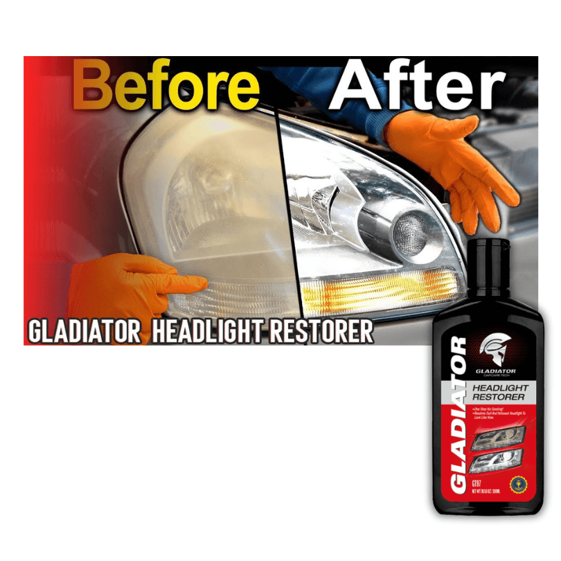 Gladiator Headlight Restorer before and after effect on a car headlight with a bottle of the product.