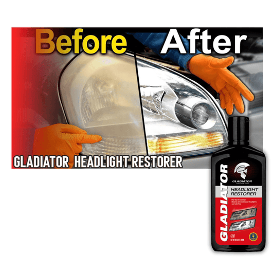 Gladiator Headlight Restorer before and after effect on a car headlight with a bottle of the product.