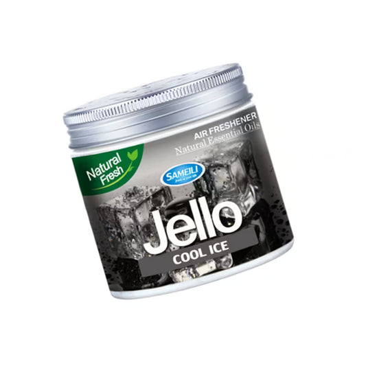 A container of Jello Cool Ice air freshener essential oil spray by Sameli, featuring a silver lid and a black and white label with a green 'Natural Fresh' accent.