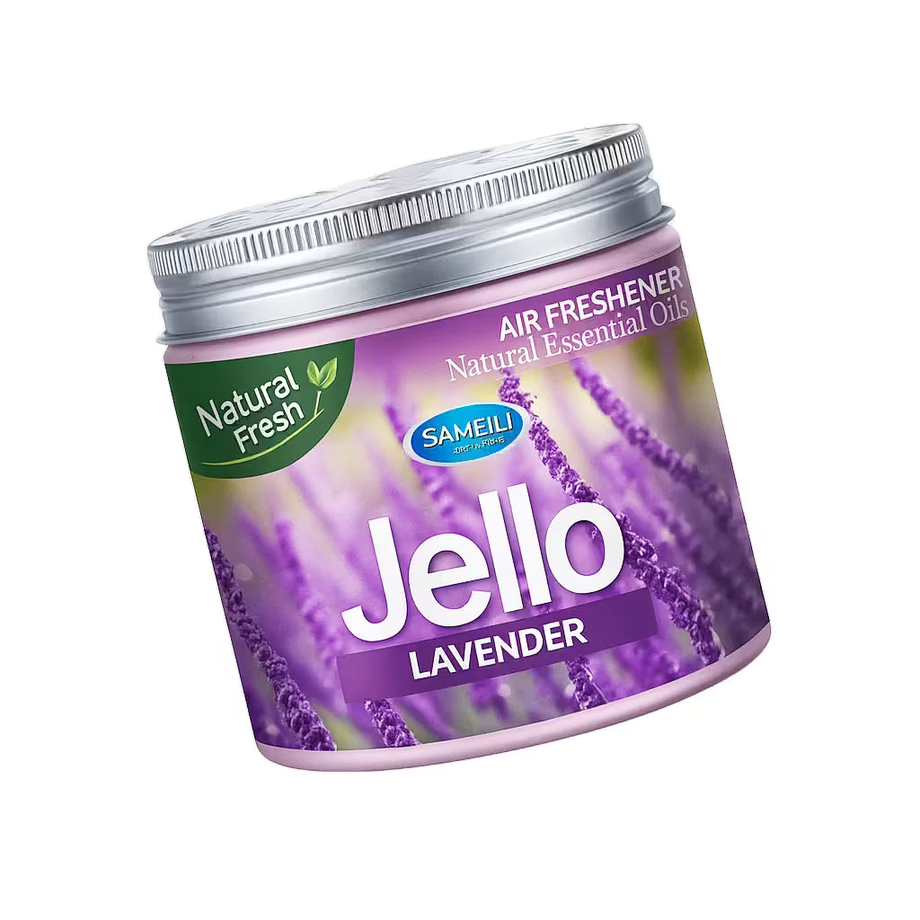 A jar of Jello Lavender air freshener essential oil spray by Sameil, featuring a purple lavender flower label and a silver metal lid, shown on a plain white background.