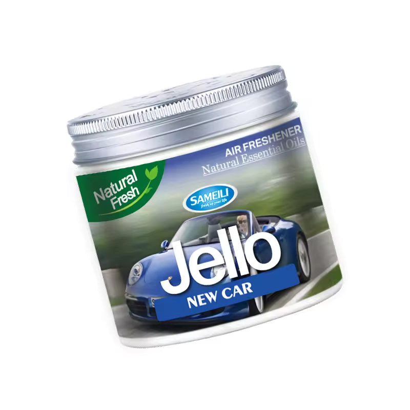 A jar of Sameli Jello New Car Air Freshener, featuring a white container with a silver lid and a label depicting a blue sports car on a road.