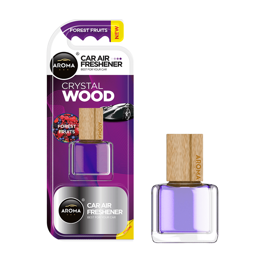 Aroma Crystal Wood car air freshener Forest Fruits scent with packaging on a white background