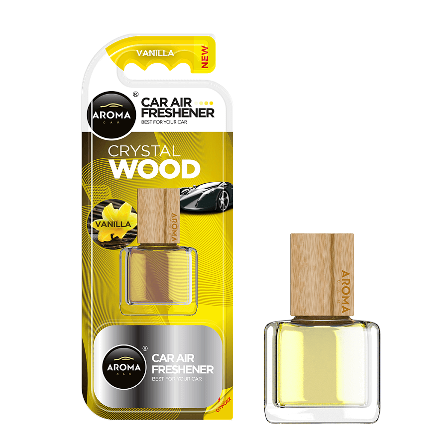 Aroma Crystal Wood car air freshener Vanilla scent with packaging on a white background
