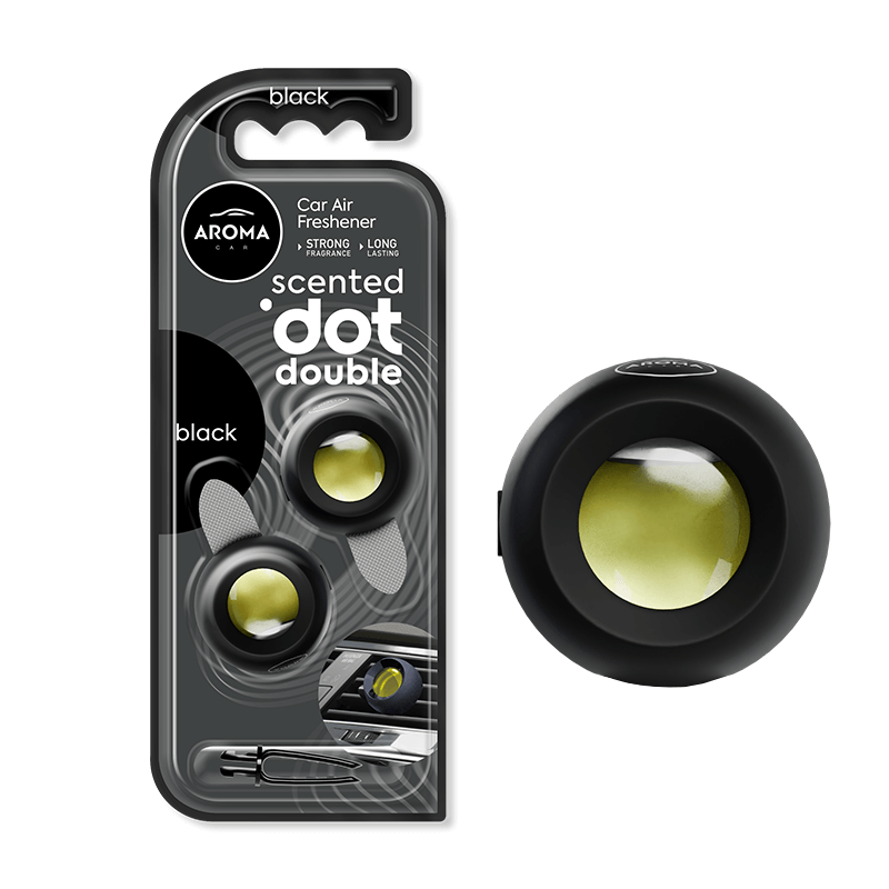 Black-scented aroma car air freshener double dot with packaging on a white background