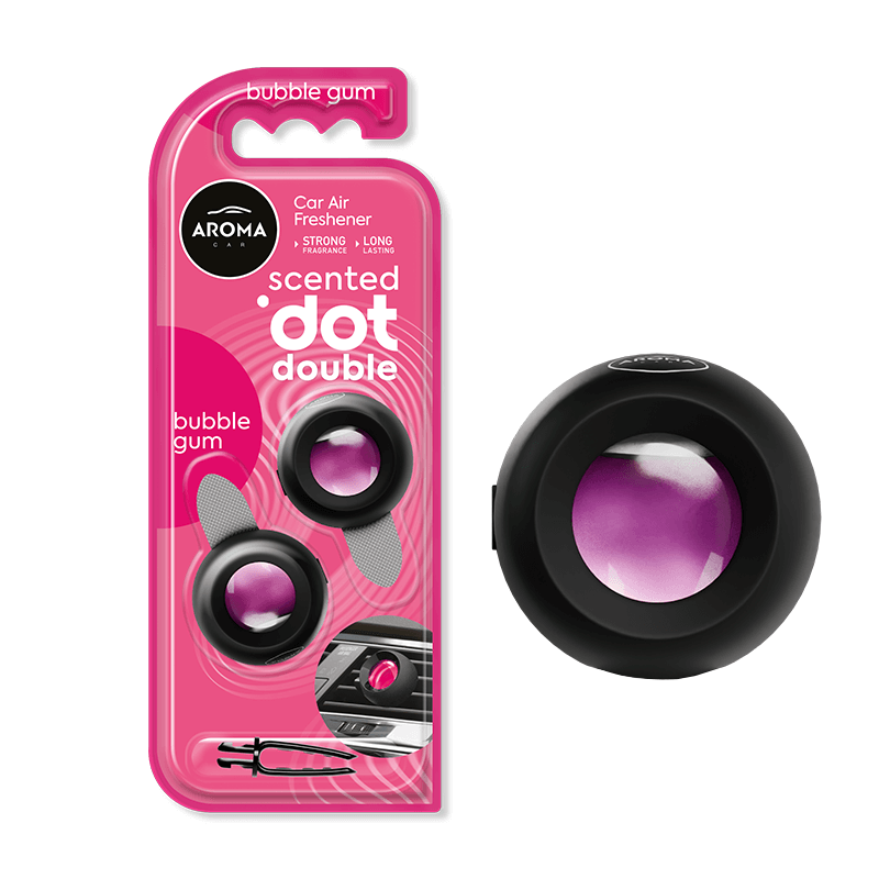 Bubble gum scented aroma dot double car air freshener packaging with pink and black design.