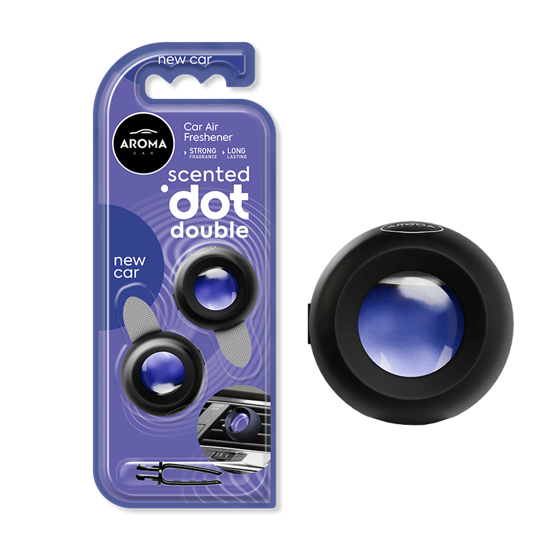New car scented aroma dot double car air freshener packaging with a black and blue dot on a white background.