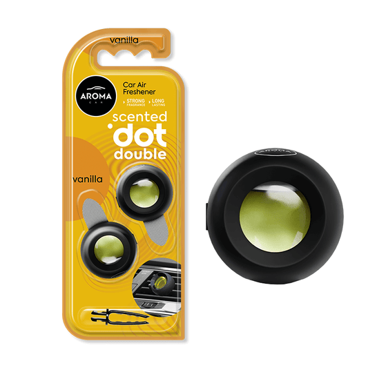 Vanilla-scented car air freshener double dot with packaging on a white background