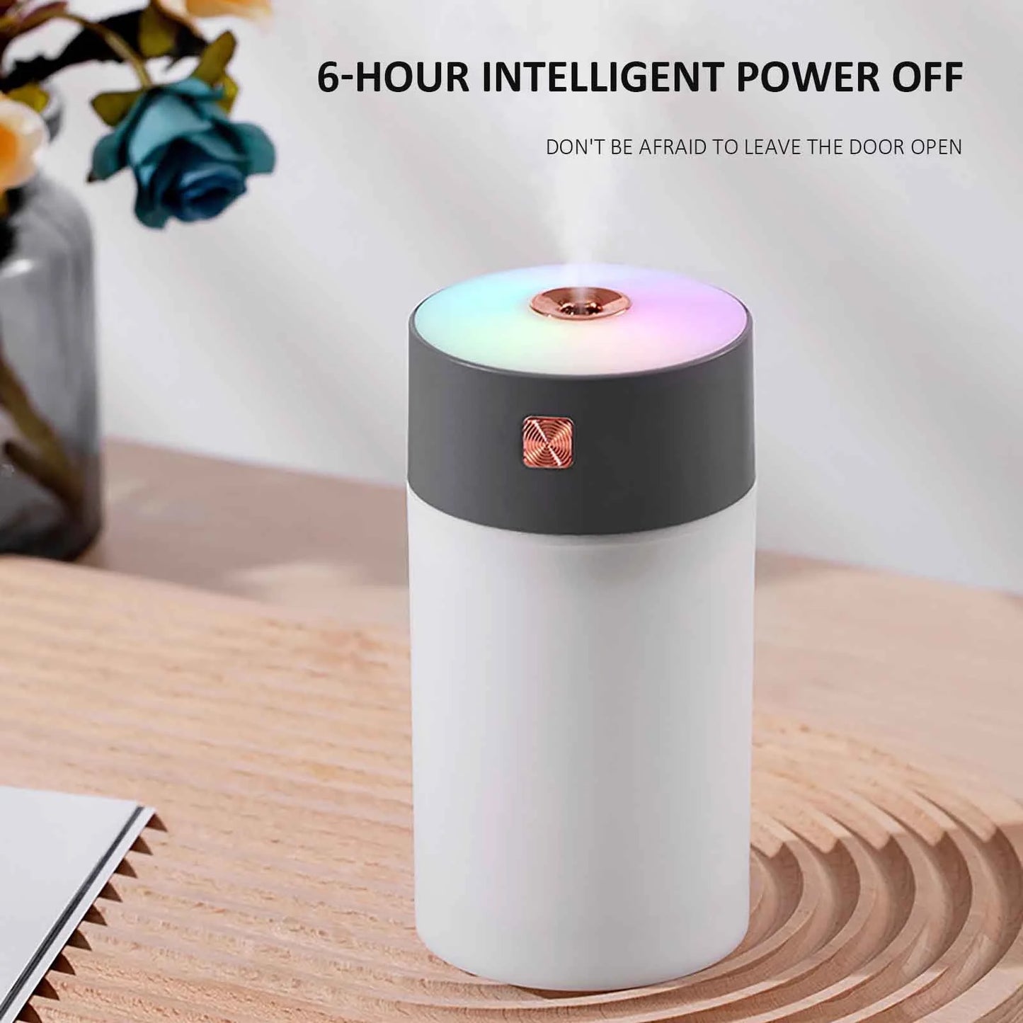 rainbow cup humdifier grey with auto power off placed on wooden table